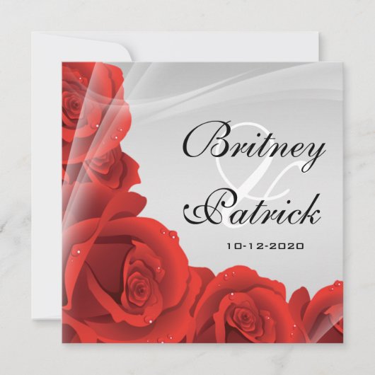 Elegant Silver & Red Rose Wedding Invitations Kaart (Voorkant)