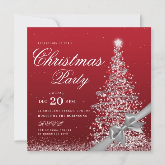 Elegant Silver Red Winter Christmas Tree Bow  Kaart (Voorkant)