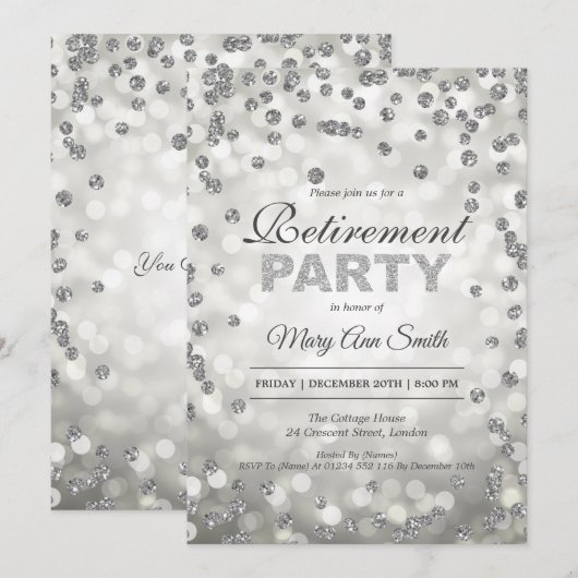 Elegant Silver Retirement Party Confetti & Lights Kaart (Voorkant / Achterkant)