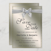 Elegant Silver Ribbon & Gemstone Save the Date (Voorkant / Achterkant)
