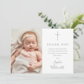 Elegant Silver Script Baptism Christening Foto Bedankkaart (Staand voorkant)
