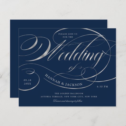 Elegant Silver Script Budget Weduwen Uitnodiging (Voorkant / Achterkant)