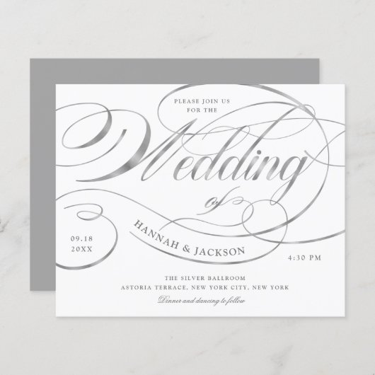 Elegant Silver Script Budget Weduwen Uitnodiging (Voorkant / Achterkant)