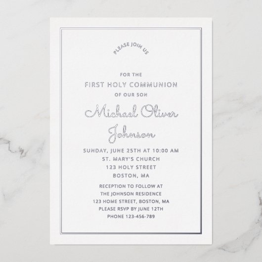 Elegant Silver Script Navy Blue First Community Folie Uitnodiging (Voorkant)