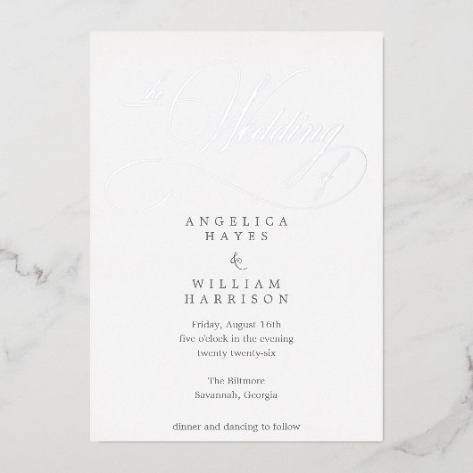 ELEGANT SILVER SCRIPT WEDDING INVITATION | MINIMAA FOLIE UITNODIGING (Voorkant)