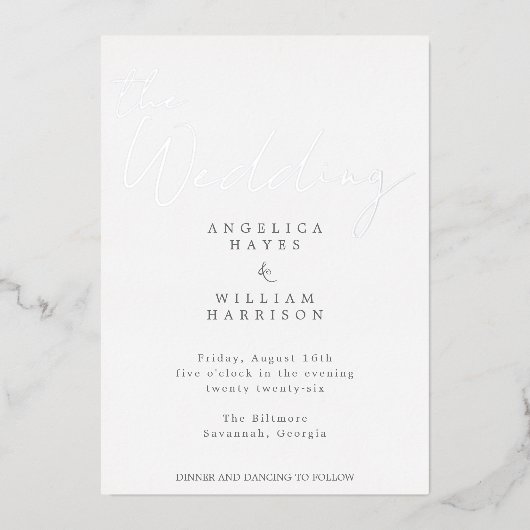 ELEGANT SILVER SCRIPT WEDDING INVITATION | MINIMAA FOLIE UITNODIGING (Voorkant)
