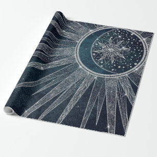 Elegant Silver Sun Moon Doodle Mandala Blue Design Cadeaupapier