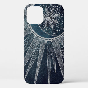 Elegant Silver Sun Moon Doodle Mandala Blue Design iPhone 12 Hoesje