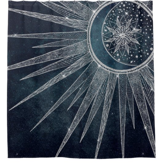 Elegant Silver Sun Moon Doodle Mandala Blue Design Douchegordijn (Voorkant)