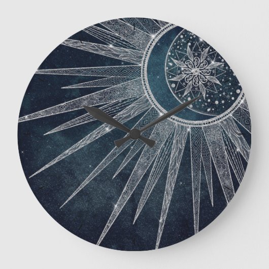 Elegant Silver Sun Moon Doodle Mandala Blue Design Grote Klok (Voorkant)