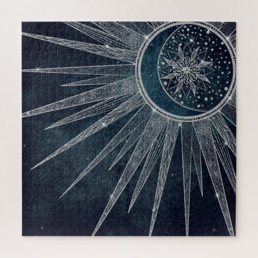 Elegant Silver Sun Moon Doodle Mandala Blue Design Legpuzzel (Verticaal)