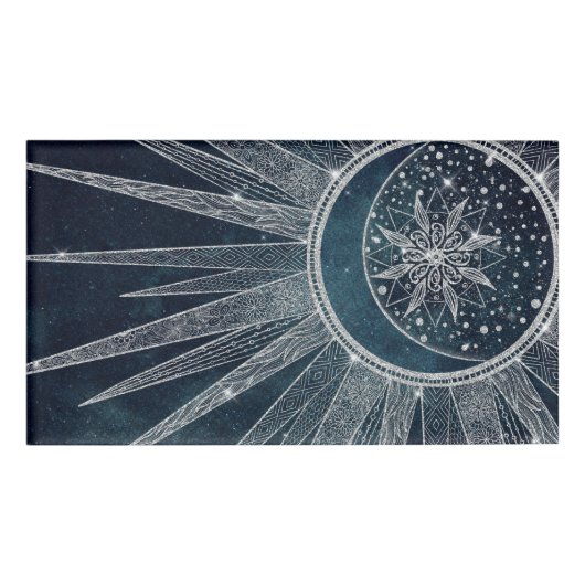 Elegant Silver Sun Moon Doodle Mandala Blue Design Naambadge (Voorkant)