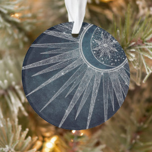 Elegant Silver Sun Moon Doodle Mandala Blue Design Ornament