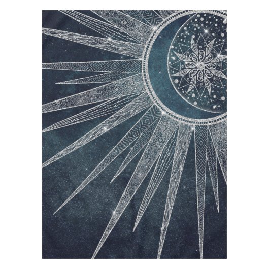 Elegant Silver Sun Moon Doodle Mandala Blue Design Tafelkleed (Voorkant)