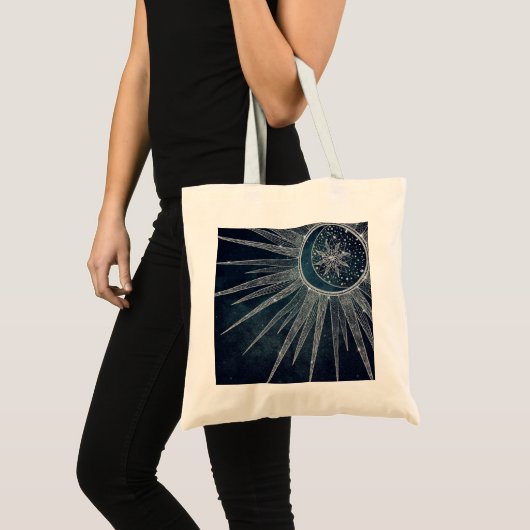 Elegant Silver Sun Moon Doodle Mandala Blue Design Tote Bag (Voorkant (product))