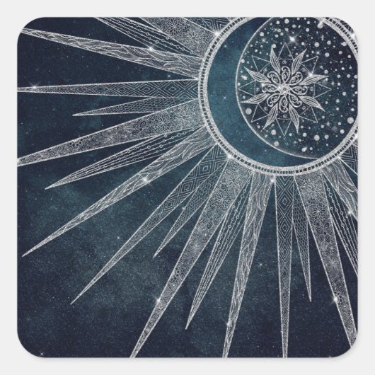 Elegant Silver Sun Moon Doodle Mandala Blue Design Vierkante Sticker (Voorkant)