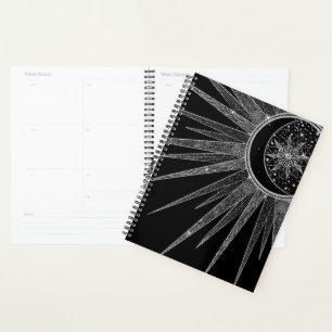 Elégant Silver Sun Moon Mandala Black Design