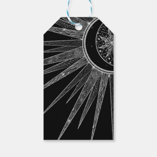 Elegant Silver Sun Moon Mandala Black Design Cadeaulabel (Voorkant)