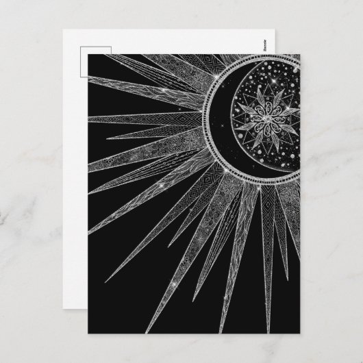 Elegant Silver Sun Moon Mandala Black Design Feestdagenkaart (Voorkant / Achterkant)