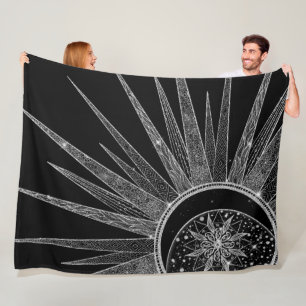 Elegant Silver Sun Moon Mandala Black Design Fleece Deken