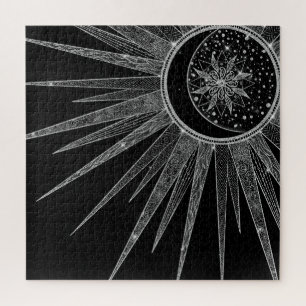 Elegant Silver Sun Moon Mandala Black Design Legpuzzel