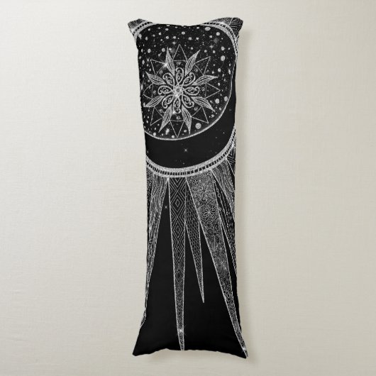 Elegant Silver Sun Moon Mandala Black Design Lichaamskussen (Voorkant Verticaal)