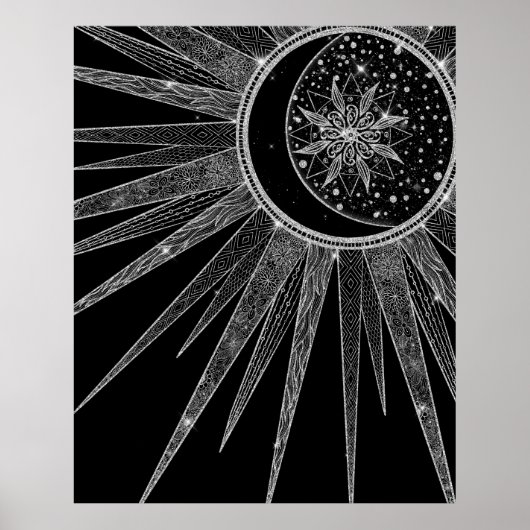 Elegant Silver Sun Moon Mandala Black Design Poster (Voorkant)