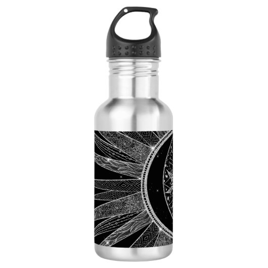 Elegant Silver Sun Moon Mandala Black Design Waterfles (Voorkant)