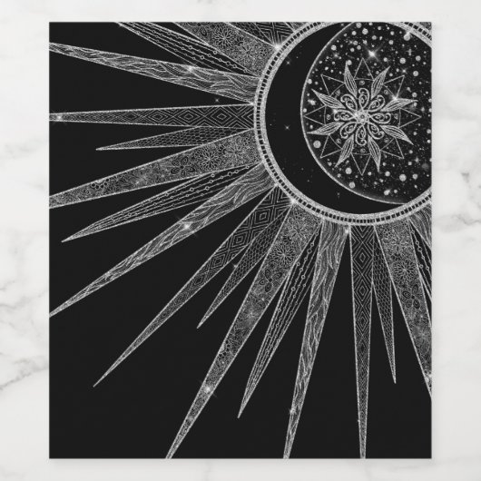 Elegant Silver Sun Moon Mandala Black Design Wijn Etiket (Enkel label)