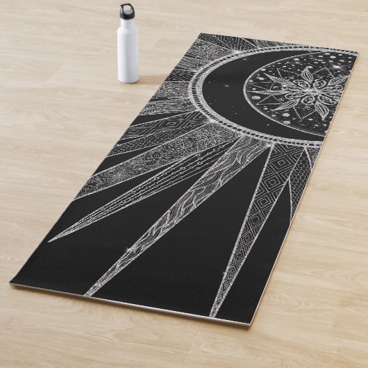 Elegant Silver Sun Moon Mandala Black Design Yogamat (In situ)