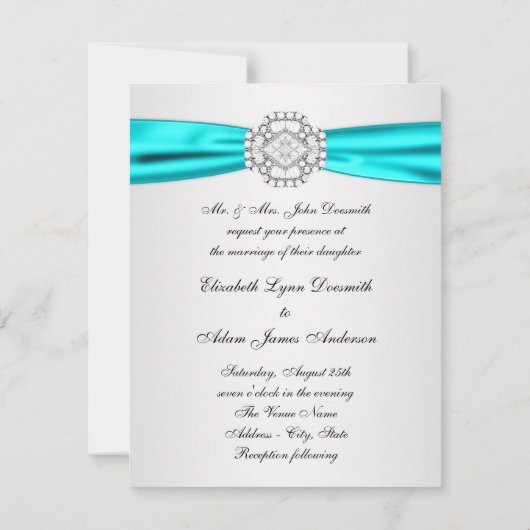 Elégant Silver Turquoise Blue Wedding Invitations (Dos)