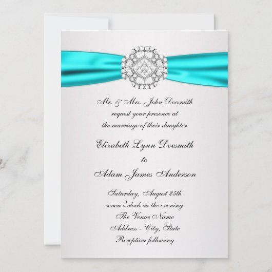 Elégant Silver Turquoise Blue Wedding Invitations (Dos)