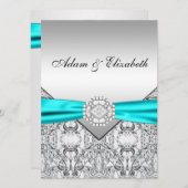 Elégant Silver Turquoise Blue Wedding Invitations (Devant / Derrière)