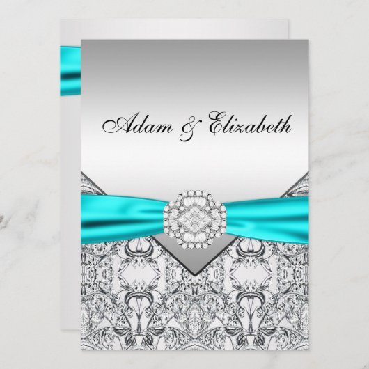 Elégant Silver Turquoise Blue Wedding Invitations (Devant / Derrière)