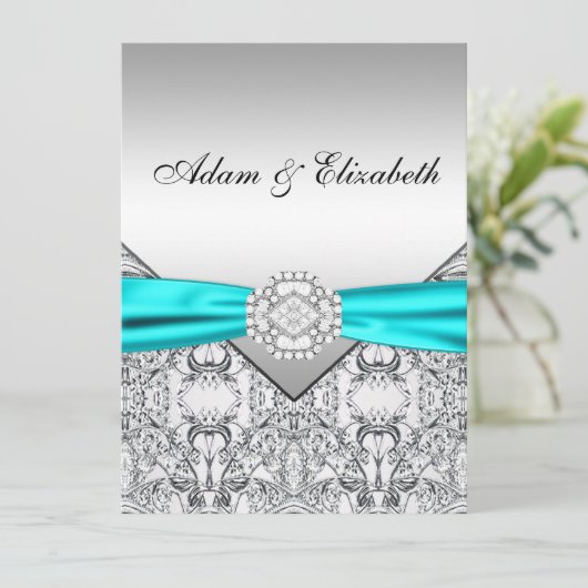 Elégant Silver Turquoise Blue Wedding Invitations (Debout devant)