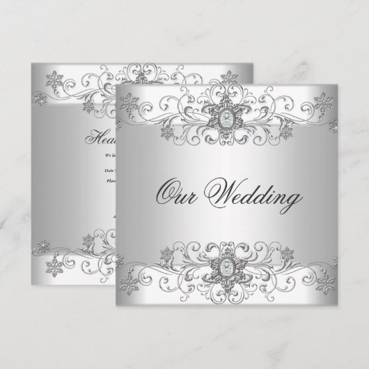 Elegant Silver White Wedding Invitation Kaart (Voorkant / Achterkant)