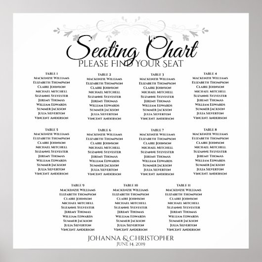 Elegant Simple 11 Table Wedding Seating Chart Poster (Voorkant)