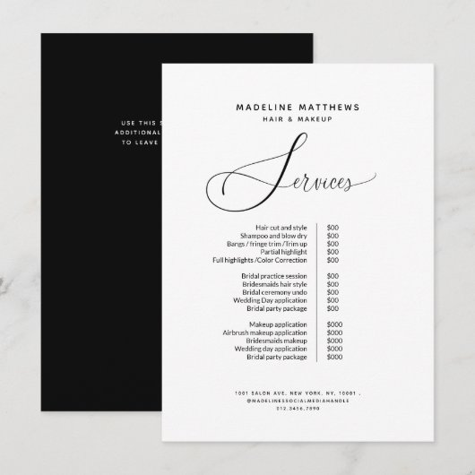 Elegant Simple Black White Hair Salon Price List Menu (Voorkant / Achterkant)