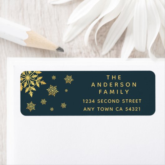 Elegant Simple Blue en Gold Snowflakes label (Insitu)