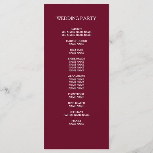 Elegant Simple Burgundy Red Custom Wedding Program Programma (Achterkant)