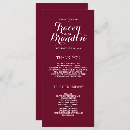 Elegant Simple Burgundy Red Custom Wedding Program Programma (Voorkant / Achterkant)