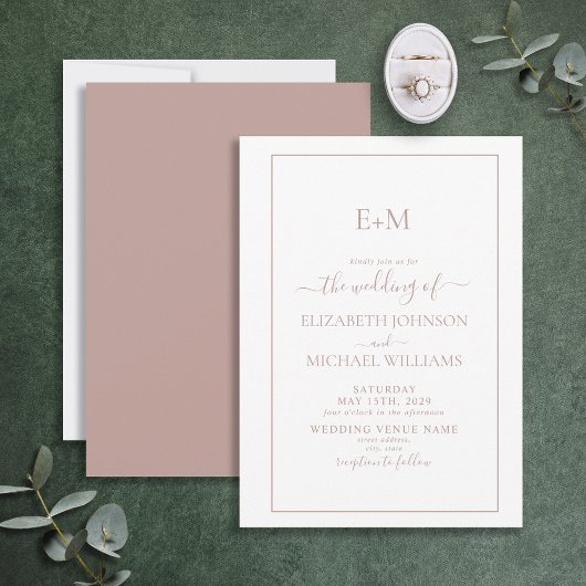 Elegant Simple Dusty Roos Formal Monogram Weddensc Kaart