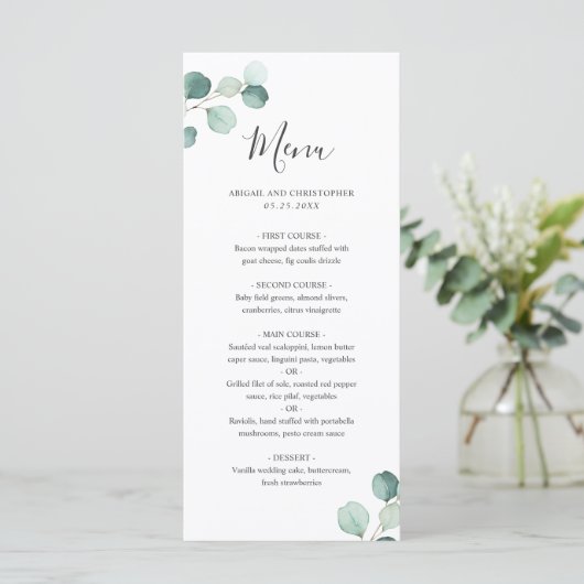 Elégant Simple Eucalyptus Menu Mariage (Debout devant)