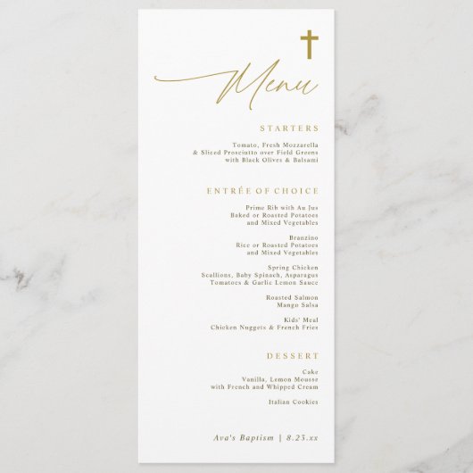 Elegant Simple Gold Cross Modern Script Baptism Menu (Voorkant)