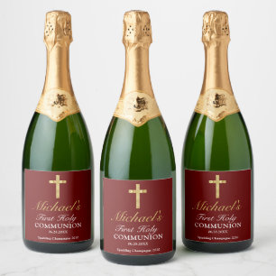 Elegant Simple Gold Red Cross Eerste Communie Sparkling Wijnetiket