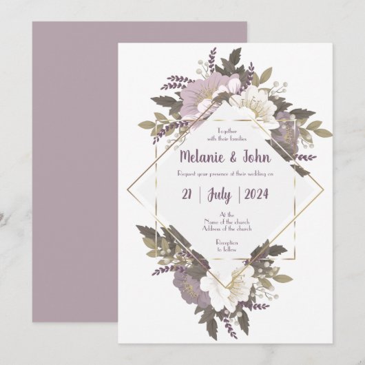 Elegant & Simple Lila flower Wedding Invite Kaart (Voorkant / Achterkant)