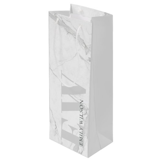 Elegant Simple Marble Stone Grey Name Monogram Wijn Cadeautas (Achterkant Gekanteld)