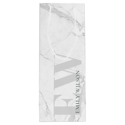 Elegant Simple Marble Stone Grey Name Monogram Wijn Cadeautas (Achterkant)