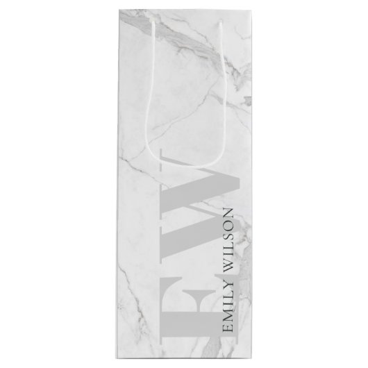 Elegant Simple Marble Stone Grey Name Monogram Wijn Cadeautas (Voorkant)
