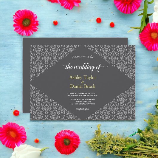 Elegant Simple Minimalist Script Damask Wedding Kaart
